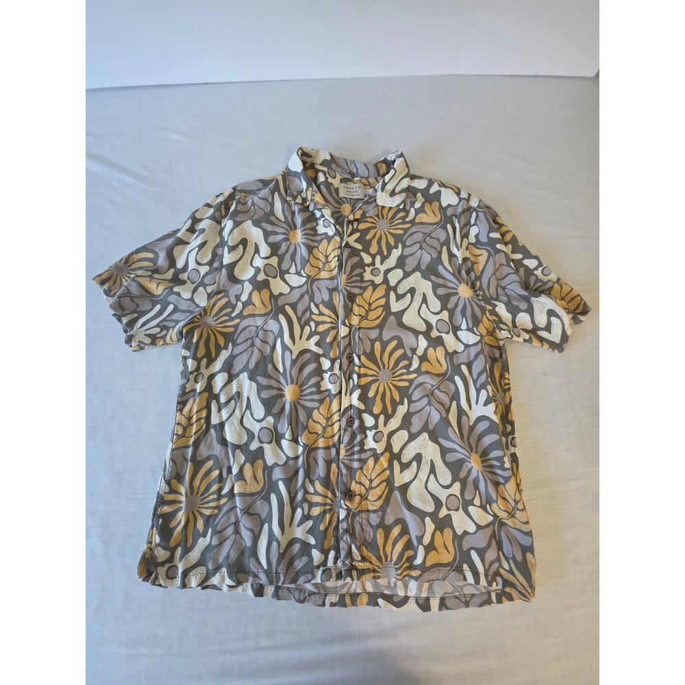 Thread Wave Button Down Floral Camp Shirt L Grey Yellow Boho‎ Tropical Summer